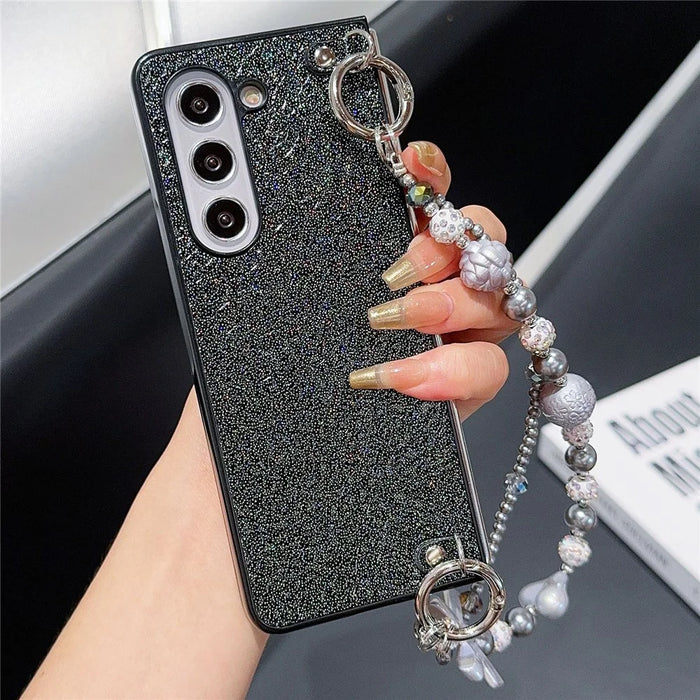 For Samsung Galaxy Z Fold6 5G Case Textured Glitter Leather+PC Phone Cover with Beaded Strap - Black - 1