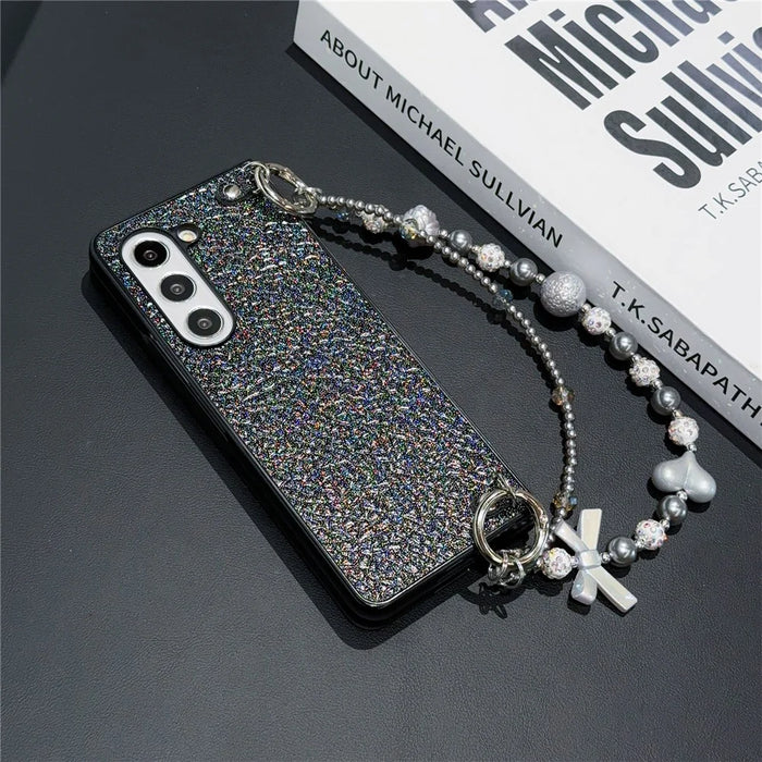 For Samsung Galaxy Z Fold6 5G Case Textured Glitter Leather+PC Phone Cover with Beaded Strap - Black - 3