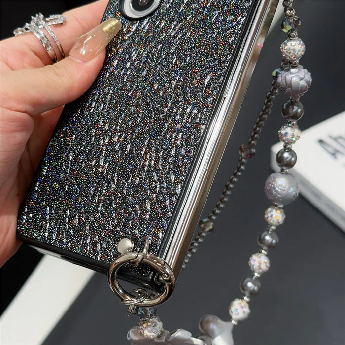 For Samsung Galaxy Z Fold6 5G Case Textured Glitter Leather+PC Phone Cover with Beaded Strap - Black - 4