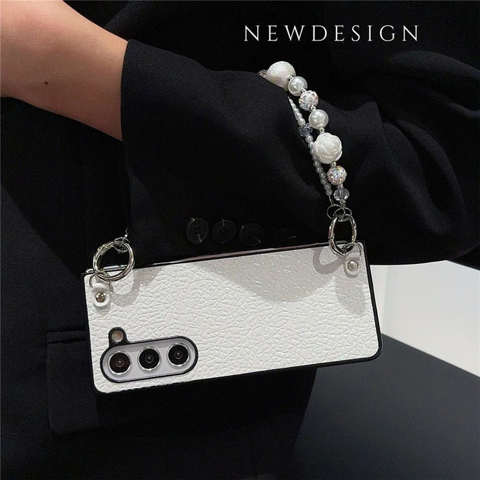 For Samsung Galaxy Z Fold6 5G Case Textured Glitter Leather+PC Phone Cover with Beaded Strap - Black - 5