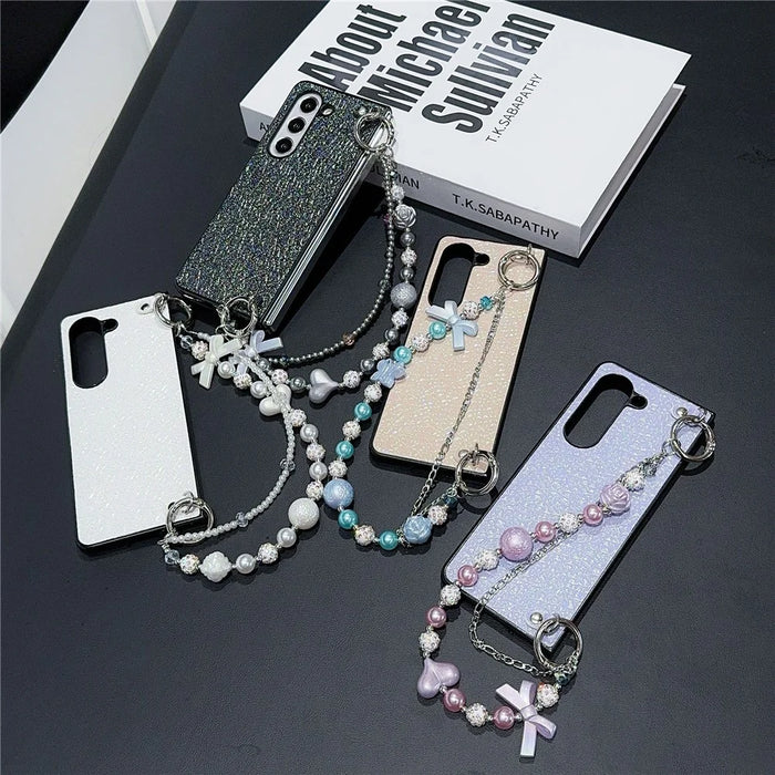 For Samsung Galaxy Z Fold6 5G Case Textured Glitter Leather+PC Phone Cover with Beaded Strap - Black - 6