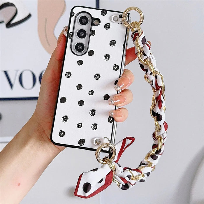 For Samsung Galaxy Z Fold6 5G Case Pattern Leather+PC Phone Cover with Scarf Strap - Polka Dot - 1