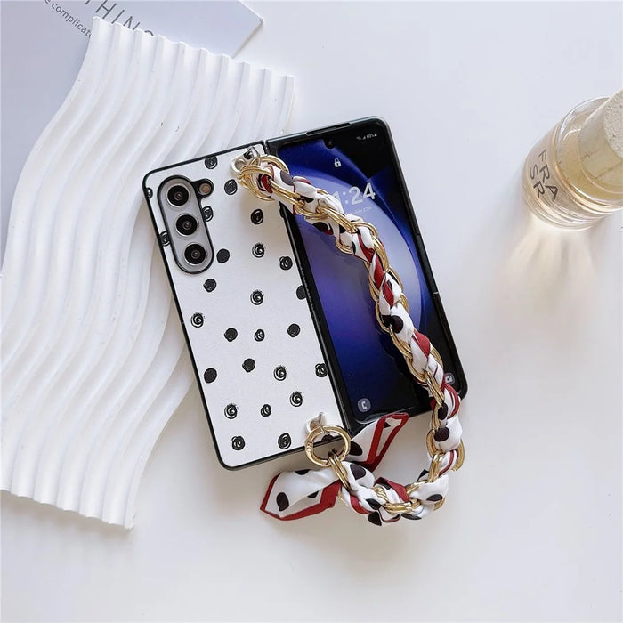 For Samsung Galaxy Z Fold6 5G Case Pattern Leather+PC Phone Cover with Scarf Strap - Polka Dot - 2