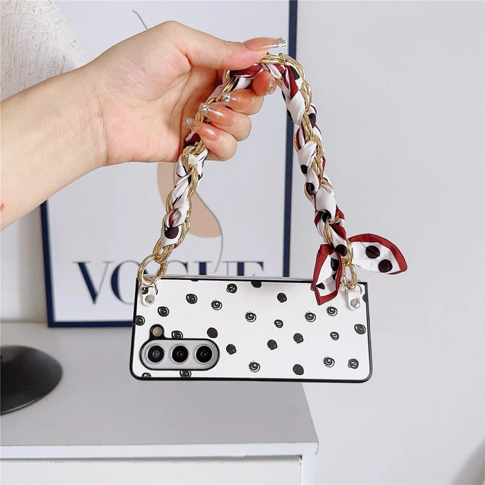 For Samsung Galaxy Z Fold6 5G Case Pattern Leather+PC Phone Cover with Scarf Strap - Polka Dot - 3