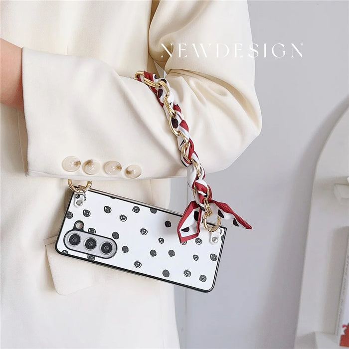 For Samsung Galaxy Z Fold6 5G Case Pattern Leather+PC Phone Cover with Scarf Strap - Polka Dot - 4