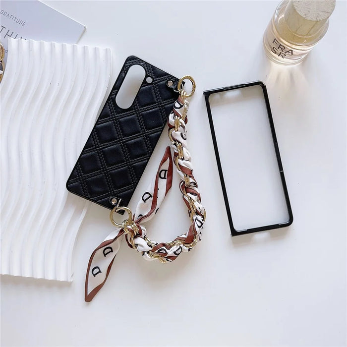 For Samsung Galaxy Z Fold6 5G Case Pattern Leather+PC Phone Cover with Scarf Strap - Polka Dot - 5
