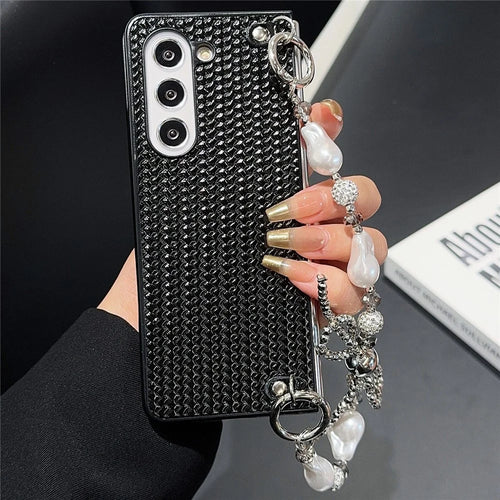 For Samsung Galaxy Z Fold6 5G Case Weave Glitter Stripe Leather+PC Phone Cover with Bow Beaded Strap - Black - 1