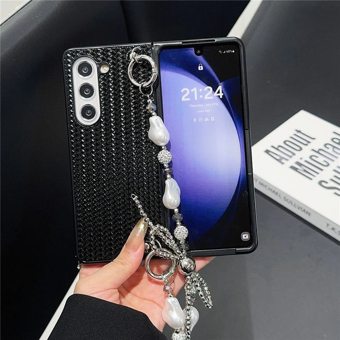 For Samsung Galaxy Z Fold6 5G Case Weave Glitter Stripe Leather+PC Phone Cover with Bow Beaded Strap - Black - 2
