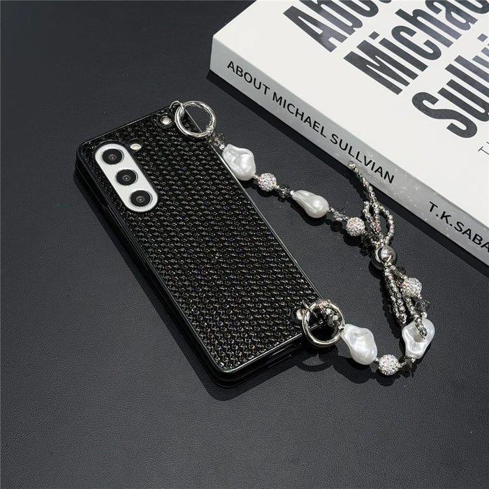 For Samsung Galaxy Z Fold6 5G Case Weave Glitter Stripe Leather+PC Phone Cover with Bow Beaded Strap - Black - 3