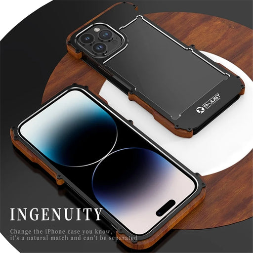 R-JUST Anti-Fall Bumper Case for iPhone 14 Pro Wood + Aluminum Alloy Frame Shockproof Cover Protective Phone Case - 2