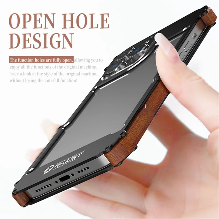 R-JUST Anti-Fall Bumper Case for iPhone 14 Pro Wood + Aluminum Alloy Frame Shockproof Cover Protective Phone Case - 4