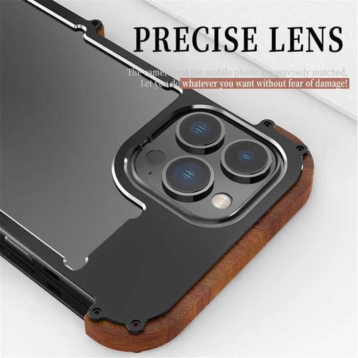R-JUST Anti-Fall Bumper Case for iPhone 14 Pro Wood + Aluminum Alloy Frame Shockproof Cover Protective Phone Case - 5