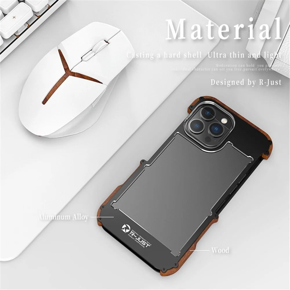 R-JUST Anti-Fall Bumper Case for iPhone 14 Pro Wood + Aluminum Alloy Frame Shockproof Cover Protective Phone Case - 7