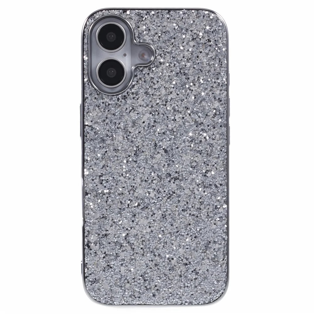 For iPhone 16 Case TPU + PC Sparkling Glitter Phone Back Cover - Silver - 3