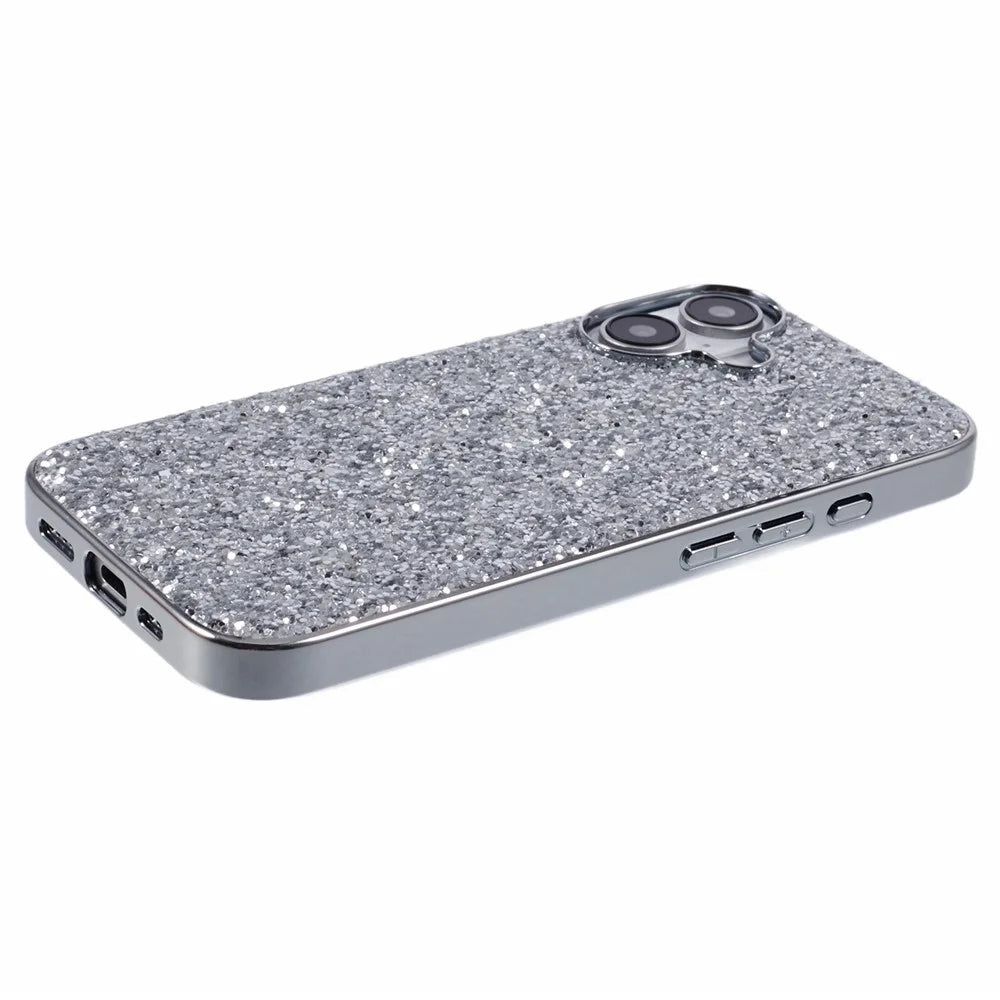 For iPhone 16 Case TPU + PC Sparkling Glitter Phone Back Cover - Silver - 5