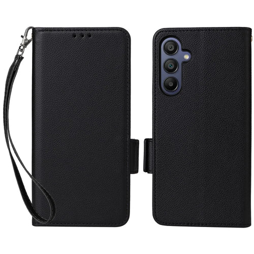 For Samsung Galaxy A16 5G / A16 4G Case with Wrist Strap Litchi Texture PU Leather Wallet Phone Cover - Black - 1