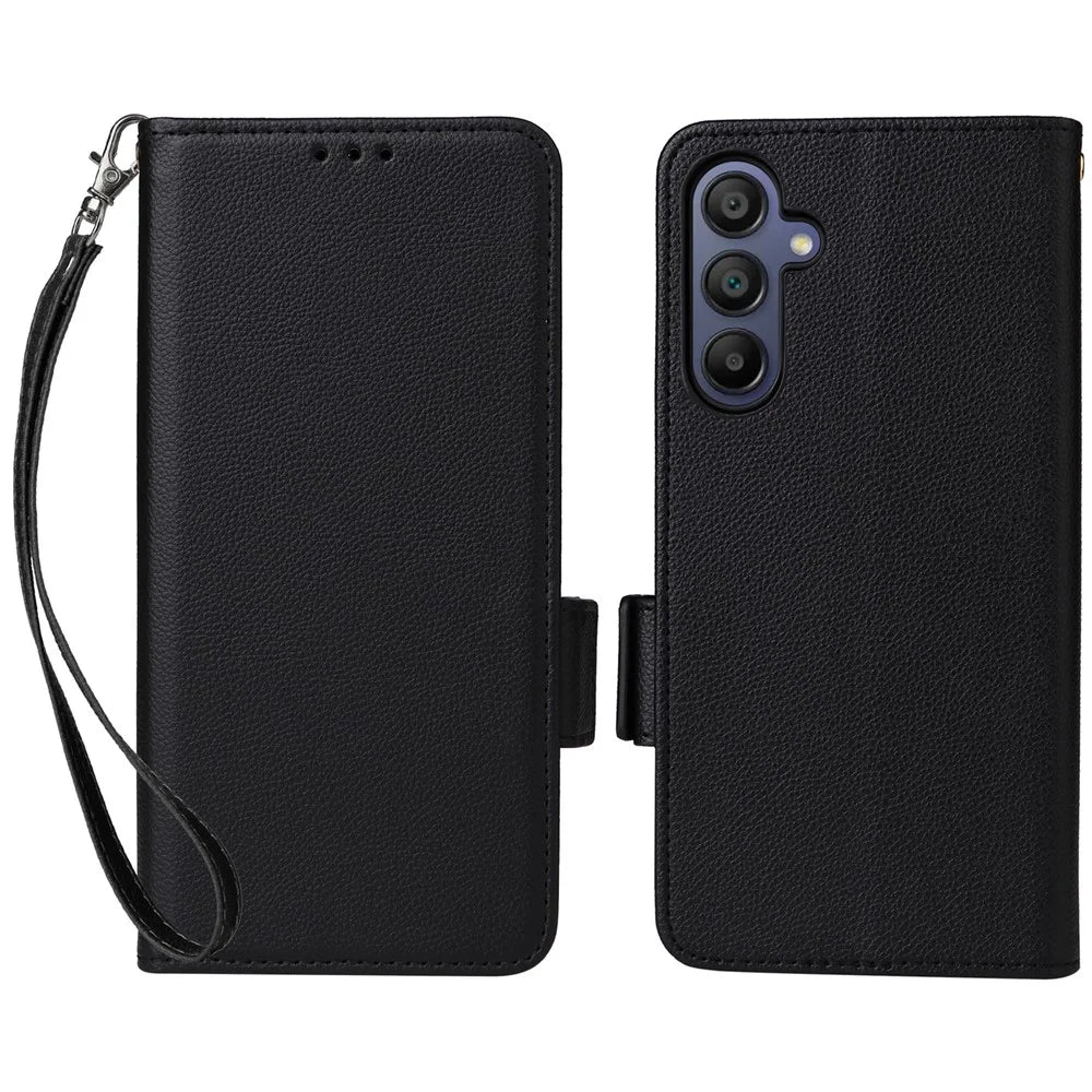 For Samsung Galaxy A16 5G / A16 4G Case with Wrist Strap Litchi Texture PU Leather Wallet Phone Cover - Black - 1