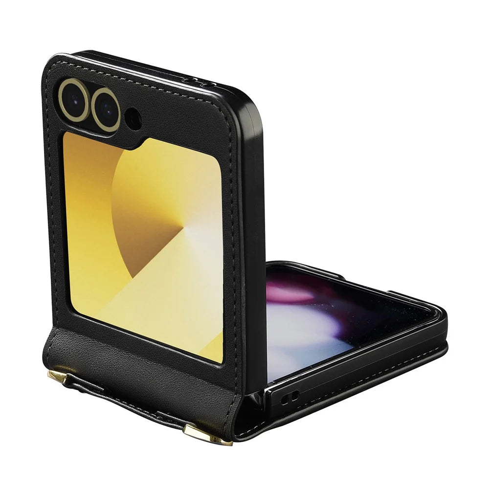 LC.IMEEKE for Samsung Galaxy Z Flip5 5G Case Leather+PC Phone Cover with Straps Card Slots - Black - 3
