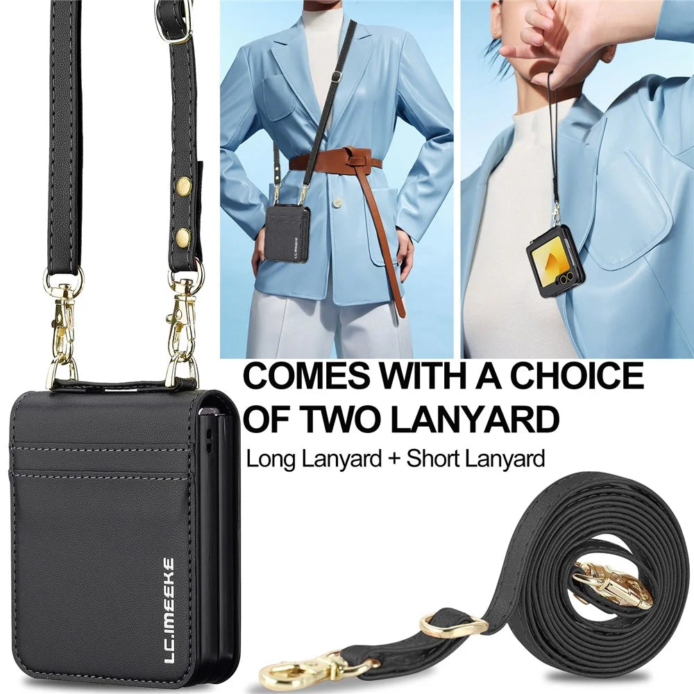 LC.IMEEKE for Samsung Galaxy Z Flip5 5G Case Leather+PC Phone Cover with Straps Card Slots - Black - 5