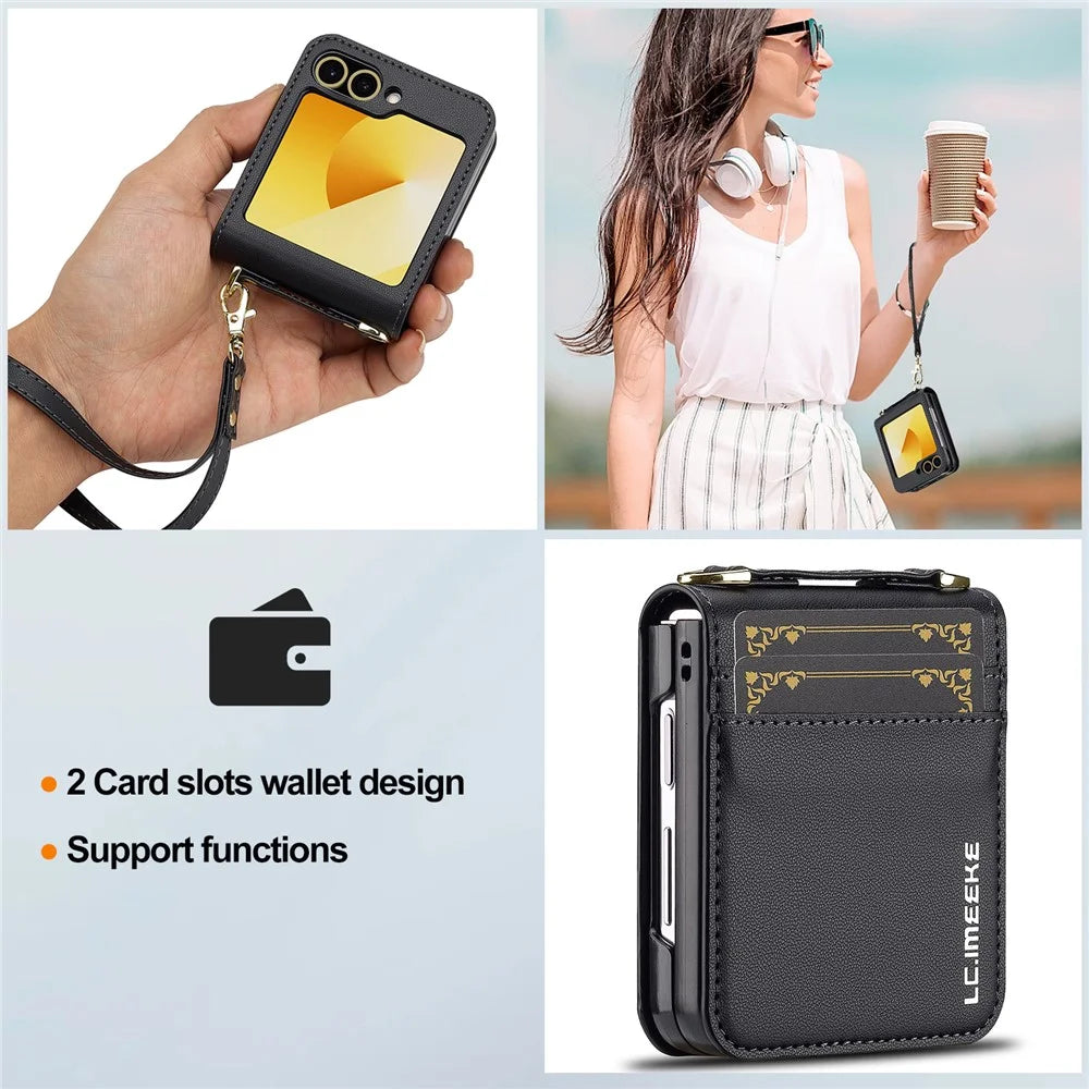 LC.IMEEKE for Samsung Galaxy Z Flip5 5G Case Leather+PC Phone Cover with Straps Card Slots - Black - 6