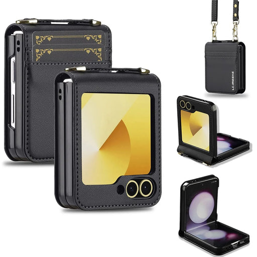 LC.IMEEKE for Samsung Galaxy Z Flip7 FE 5G / Z Flip6 5G Case Leather+PC Phone Cover with Straps Card Slots - Black - 1