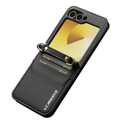 LC.IMEEKE for Samsung Galaxy Z Flip7 FE 5G / Z Flip6 5G Case Leather+PC Phone Cover with Straps Card Slots - Black - 2