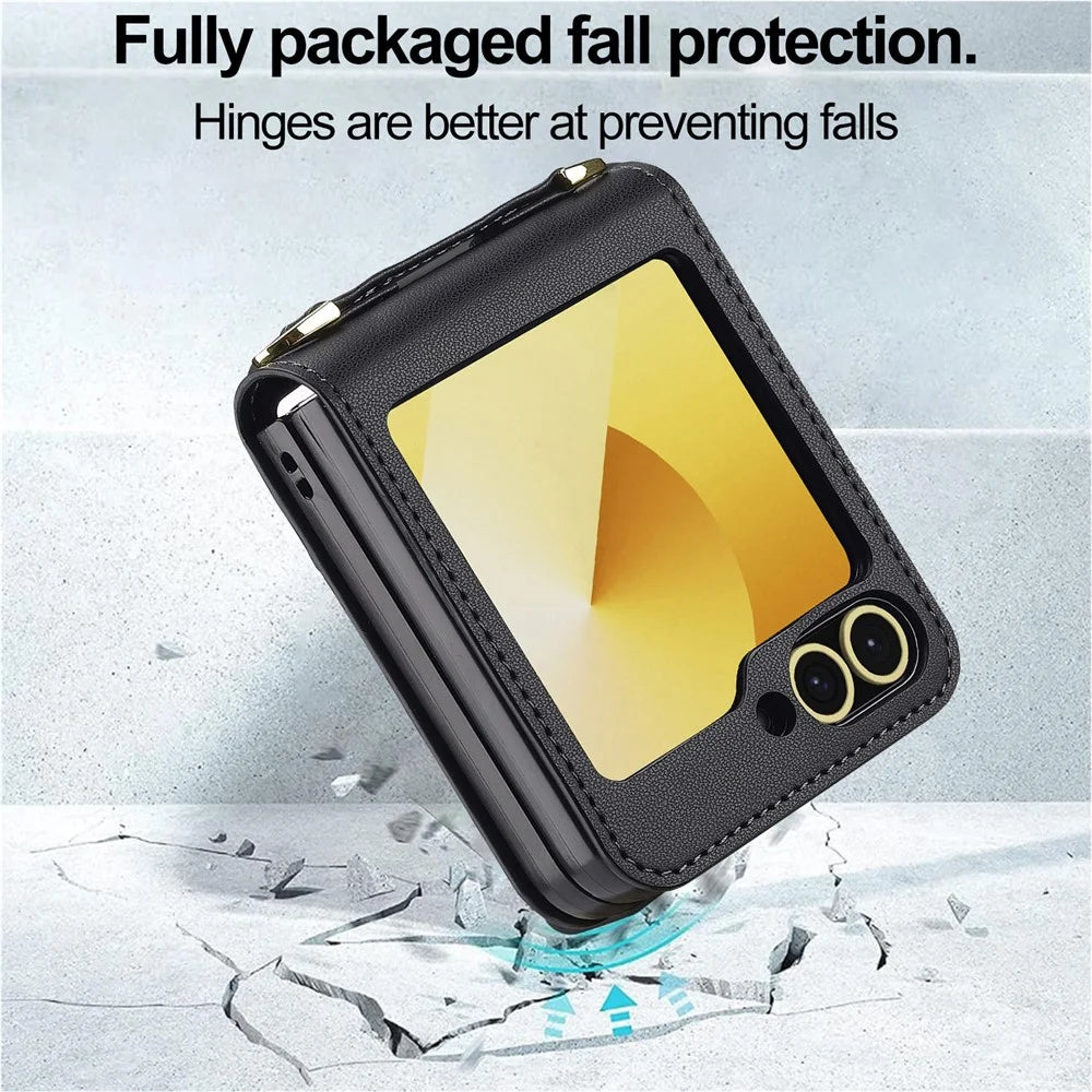 LC.IMEEKE for Samsung Galaxy Z Flip7 FE 5G / Z Flip6 5G Case Leather+PC Phone Cover with Straps Card Slots - Black - 7