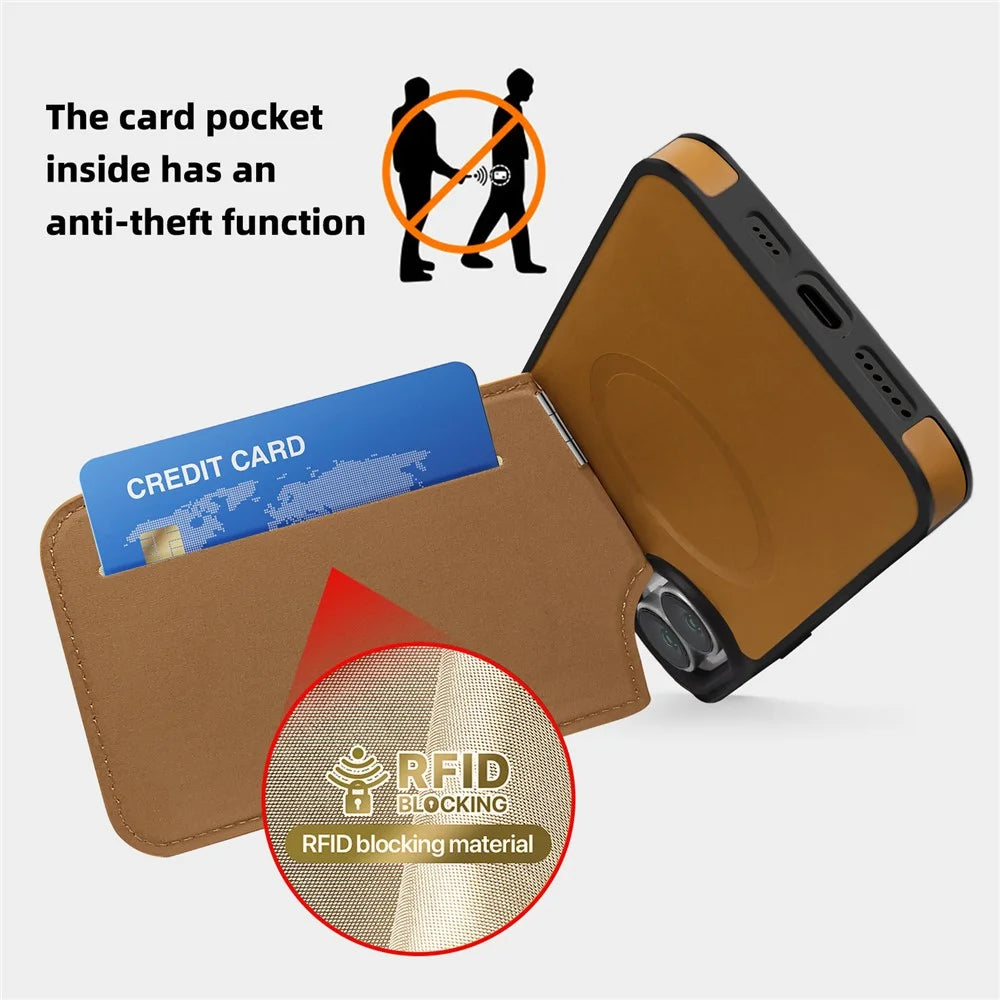 For iPhone 16 Case Compatible with MagSafe RFID Blocking Card Slot Leather Back Cover - Brown - 3
