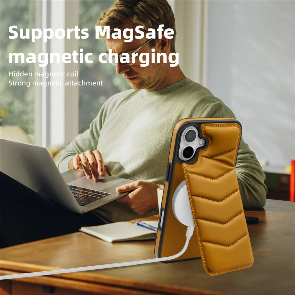 For iPhone 16 Case Compatible with MagSafe RFID Blocking Card Slot Leather Back Cover - Brown - 6