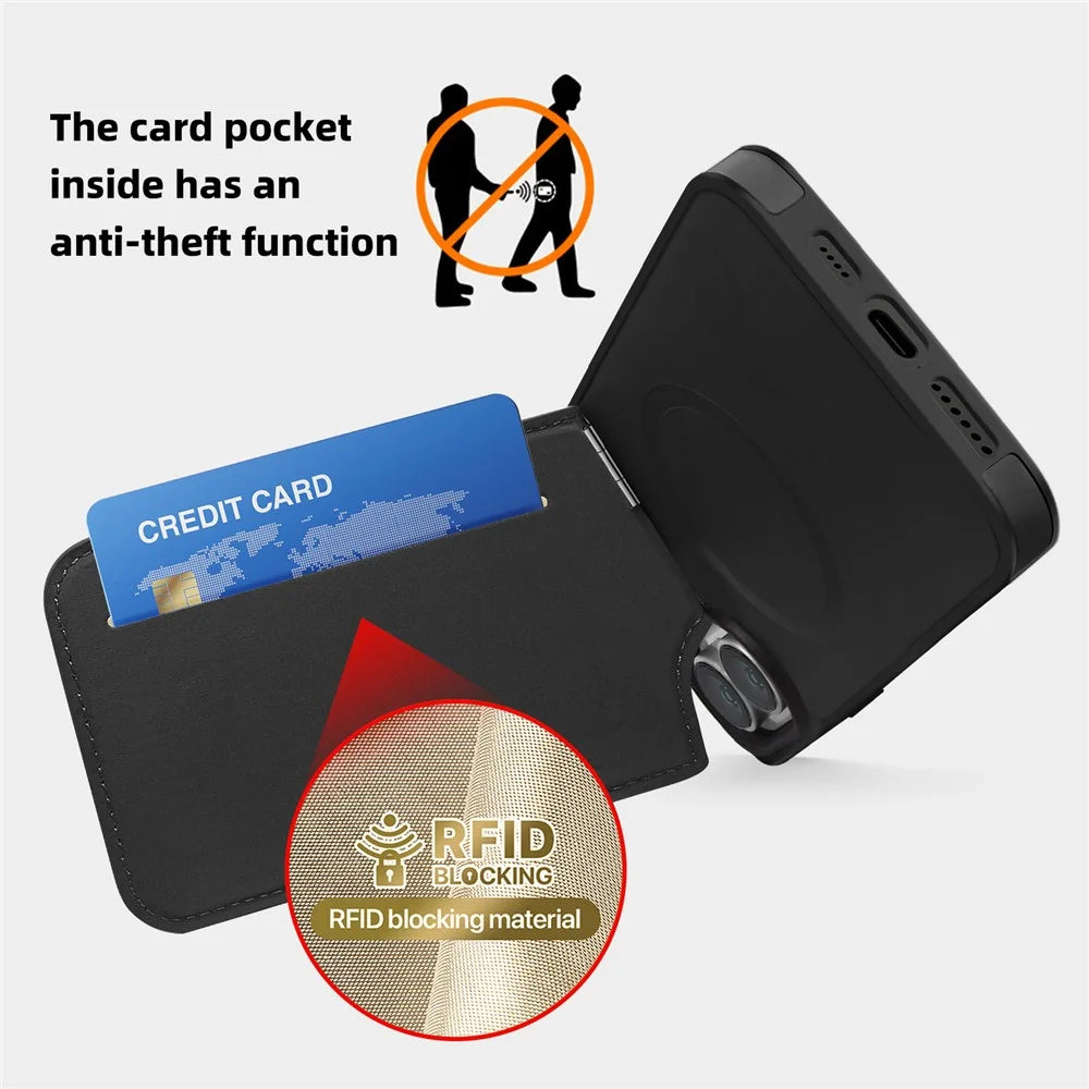 For iPhone 16 Plus Case Compatible with MagSafe RFID Blocking Card Slot Leather Back Cover - Black - 3