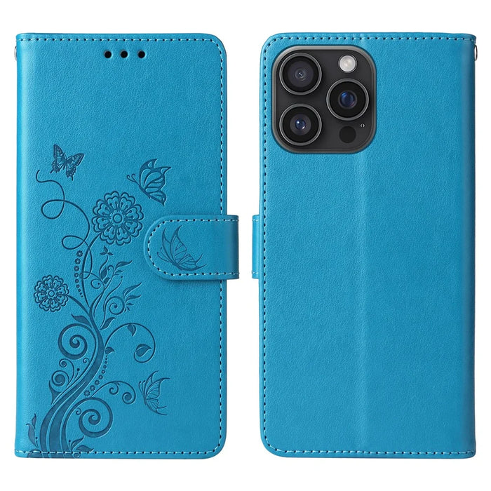 For iPhone 16 Pro Max Leather Case Butterfly Floral Imprint Wallet Stand Cover - Blue - 1