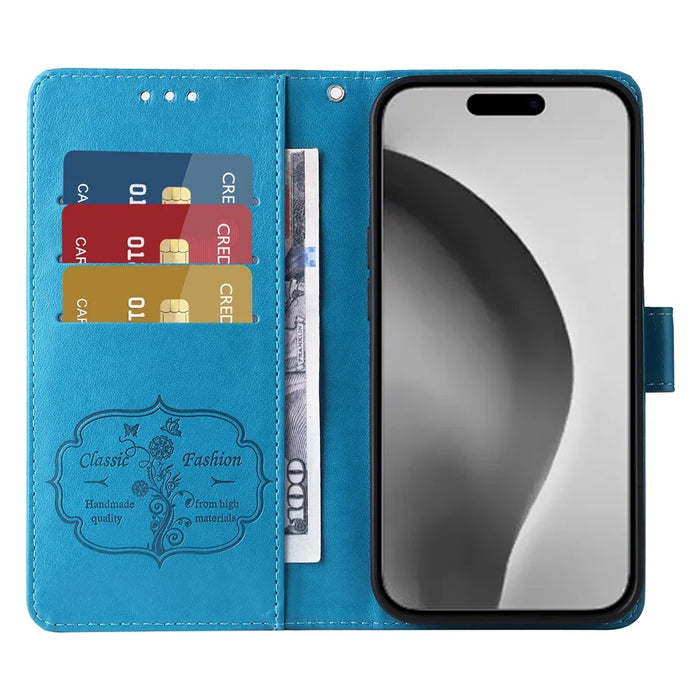 For iPhone 16 Pro Max Leather Case Butterfly Floral Imprint Wallet Stand Cover - Blue - 2