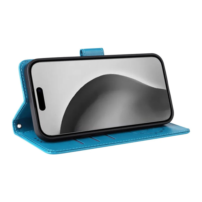 For iPhone 16 Pro Max Leather Case Butterfly Floral Imprint Wallet Stand Cover - Blue - 3