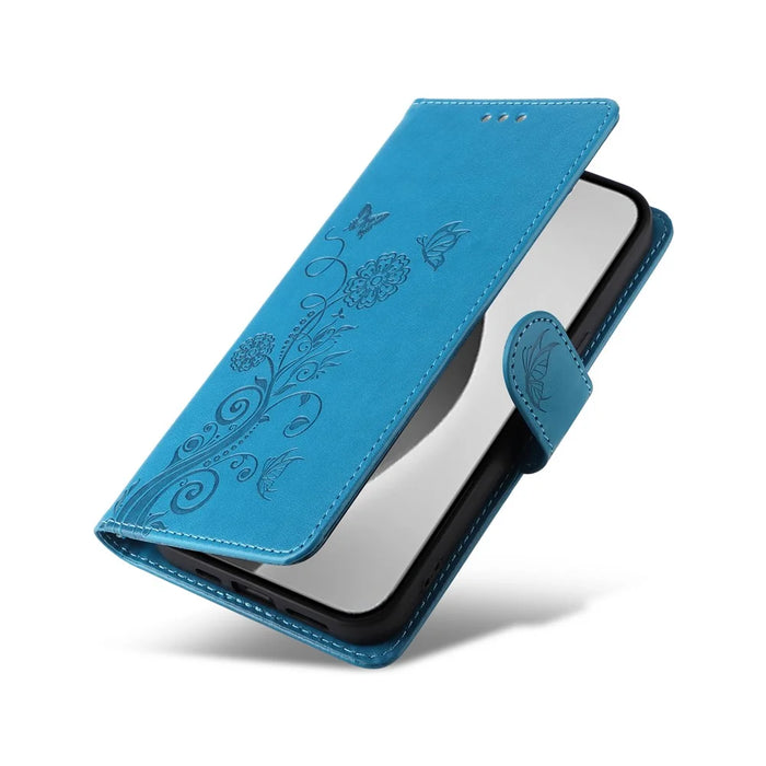 For iPhone 16 Pro Max Leather Case Butterfly Floral Imprint Wallet Stand Cover - Blue - 5