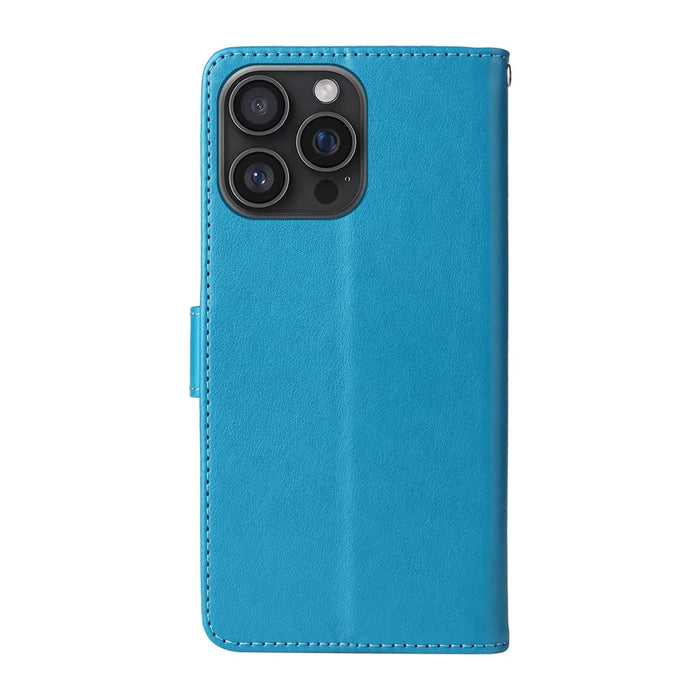 For iPhone 16 Pro Max Leather Case Butterfly Floral Imprint Wallet Stand Cover - Blue - 7