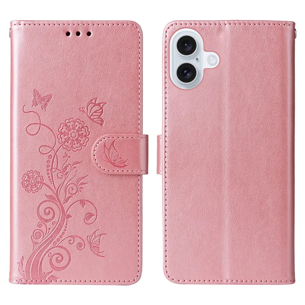 For iPhone 16 Plus Leather Case Butterfly Floral Imprint Wallet Stand Cover - Pink - 1