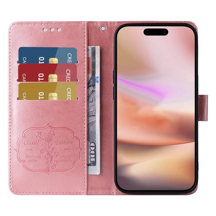 For iPhone 16 Plus Leather Case Butterfly Floral Imprint Wallet Stand Cover - Pink - 2