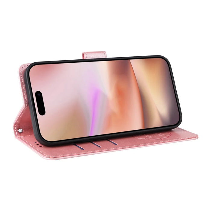 For iPhone 16 Plus Leather Case Butterfly Floral Imprint Wallet Stand Cover - Pink - 3