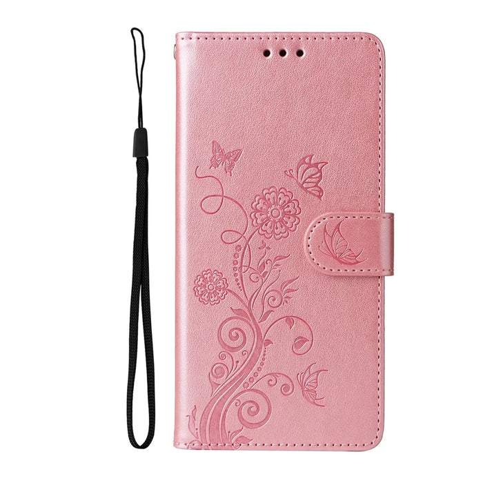 For iPhone 16 Plus Leather Case Butterfly Floral Imprint Wallet Stand Cover - Pink - 6