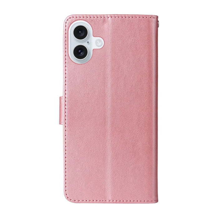For iPhone 16 Plus Leather Case Butterfly Floral Imprint Wallet Stand Cover - Pink - 7