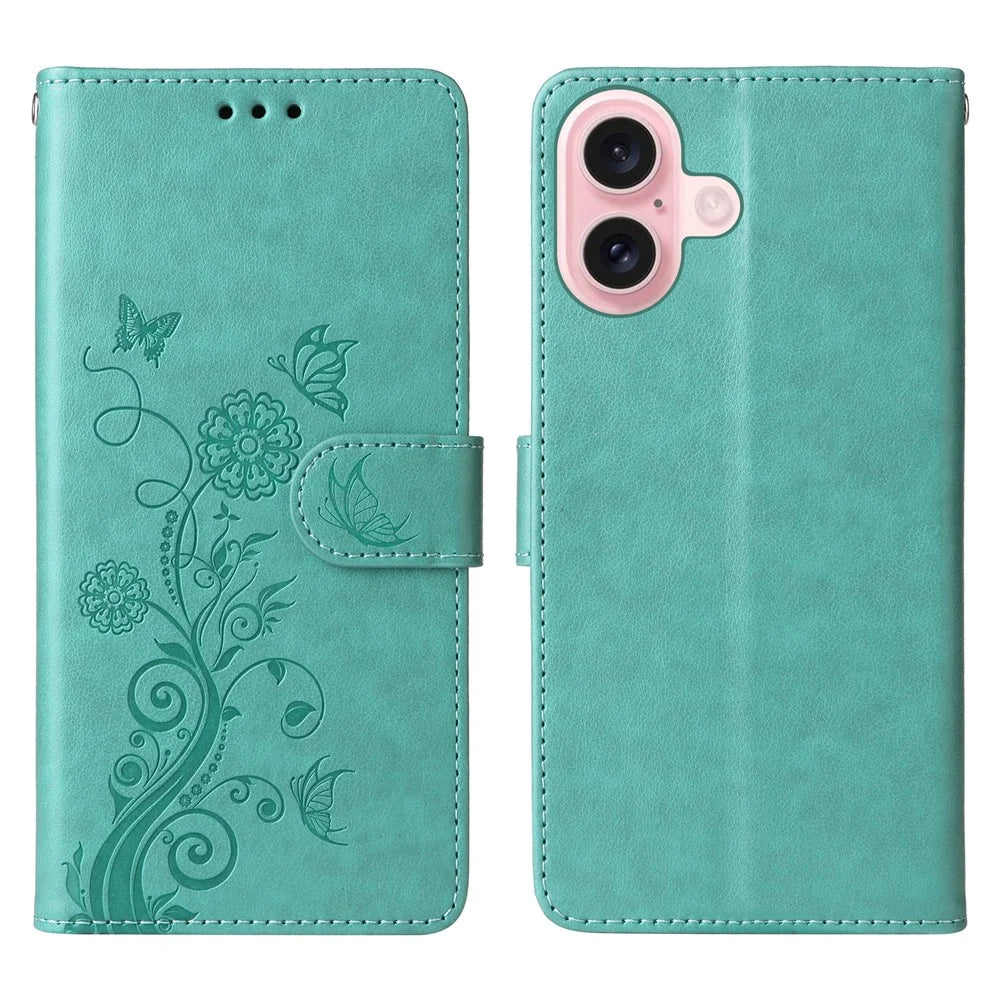 For iPhone 16 Leather Case Butterfly Floral Imprint Wallet Stand Cover - Green - 1