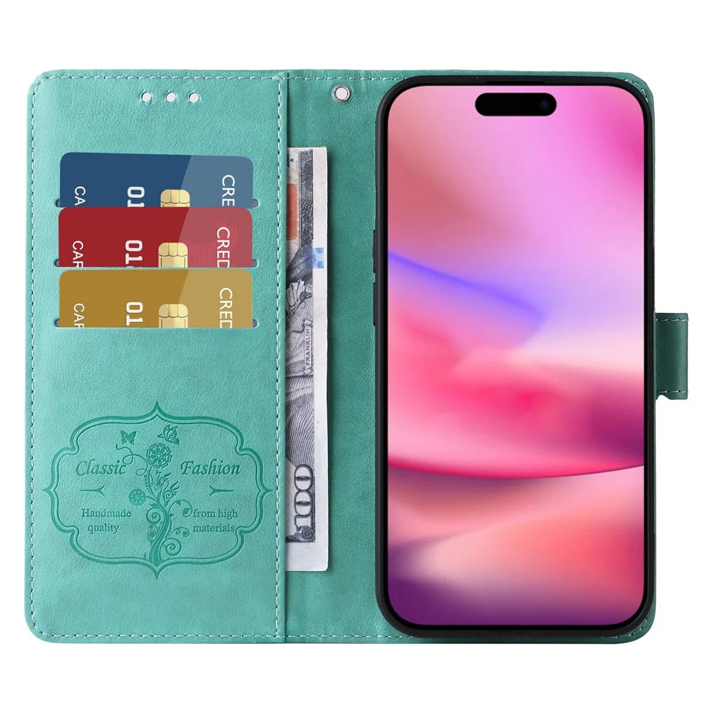 For iPhone 16 Leather Case Butterfly Floral Imprint Wallet Stand Cover - Green - 2