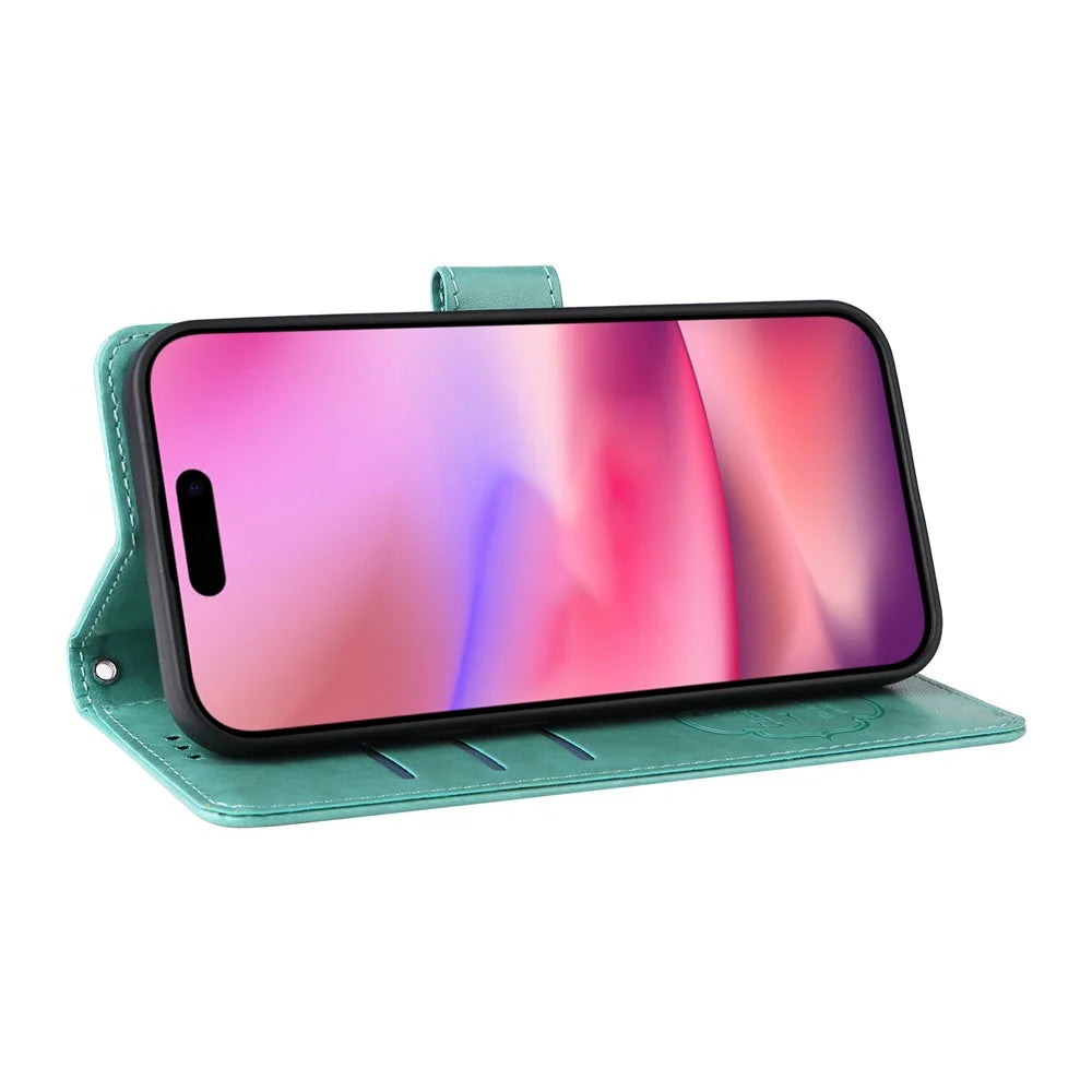 For iPhone 16 Leather Case Butterfly Floral Imprint Wallet Stand Cover - Green - 3