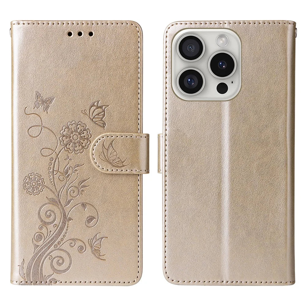 For iPhone 16 Pro Leather Case Butterfly Floral Imprint Wallet Stand Cover - Gold - 1