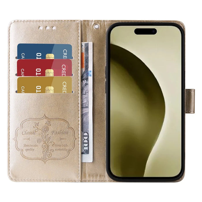 For iPhone 16 Pro Leather Case Butterfly Floral Imprint Wallet Stand Cover - Gold - 2
