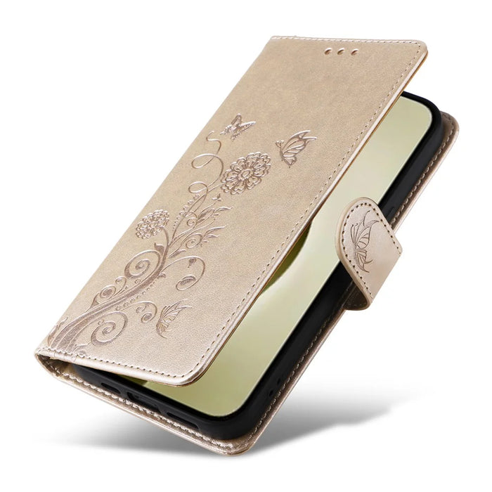 For iPhone 16 Pro Leather Case Butterfly Floral Imprint Wallet Stand Cover - Gold - 5