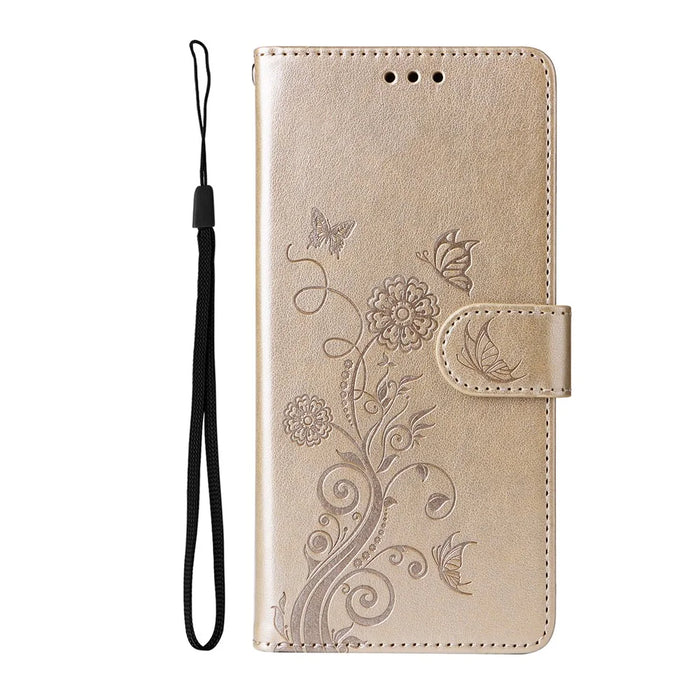 For iPhone 16 Pro Leather Case Butterfly Floral Imprint Wallet Stand Cover - Gold - 6