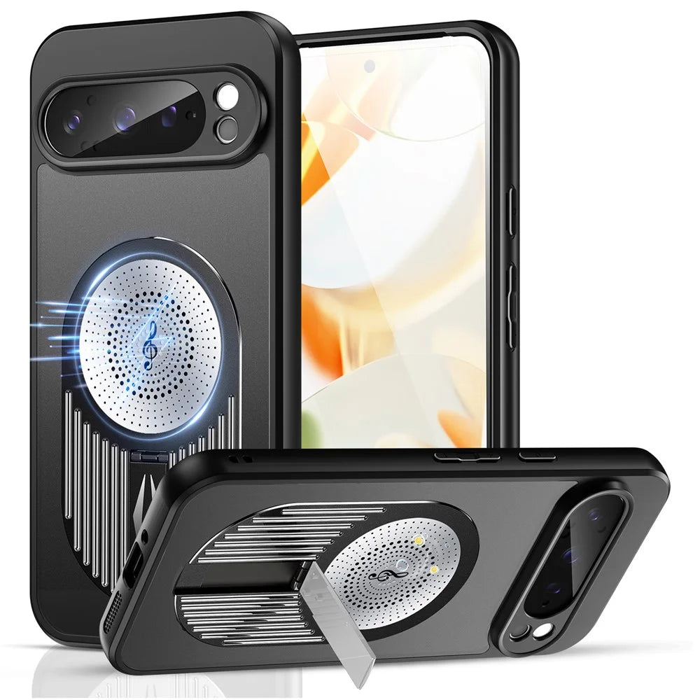 For Google Pixel 9 / 9 Pro Magnetic Case Heat Dissipation Aromatherapy Kickstand Silicone+PC Phone Cover - Black - 1