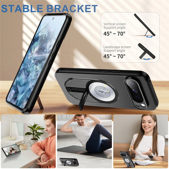 For Google Pixel 9 / 9 Pro Magnetic Case Heat Dissipation Aromatherapy Kickstand Silicone+PC Phone Cover - Black - 2