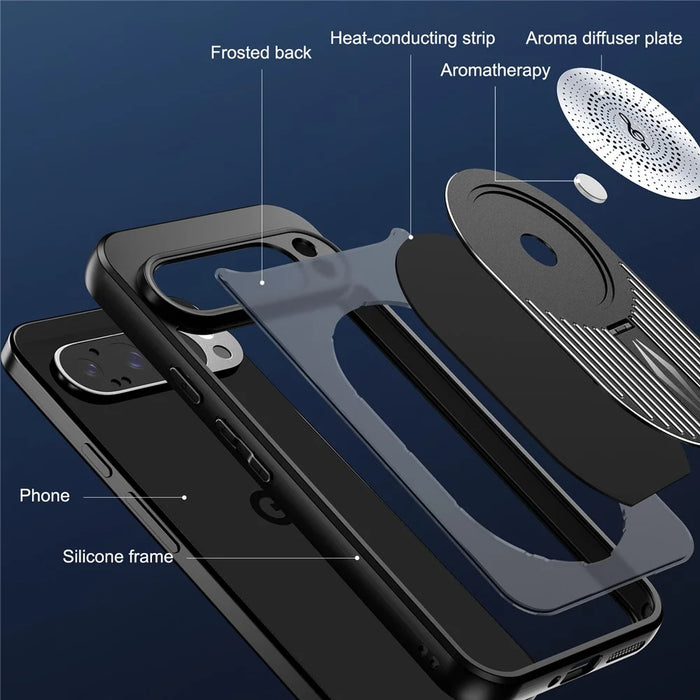 For Google Pixel 9 / 9 Pro Magnetic Case Heat Dissipation Aromatherapy Kickstand Silicone+PC Phone Cover - Black - 7
